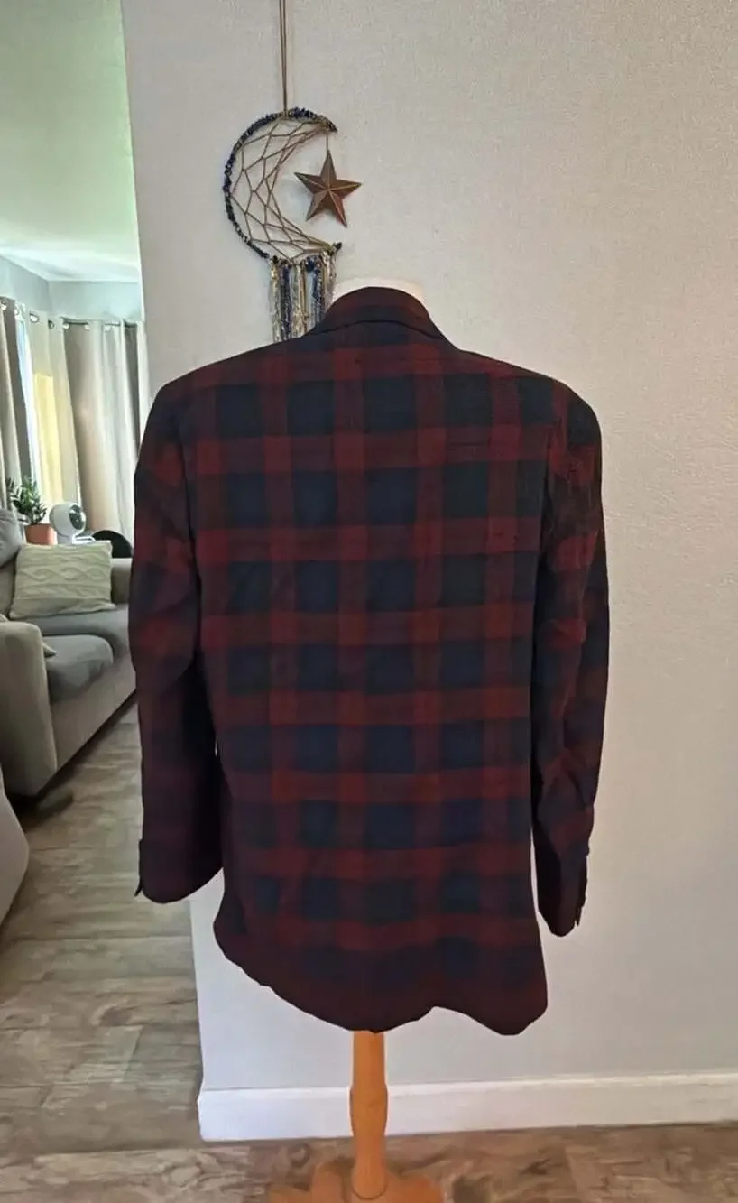 Nordstrom Plaid Tuxedo Dinner Jacket Burgundy Black Satin Shawl Collar